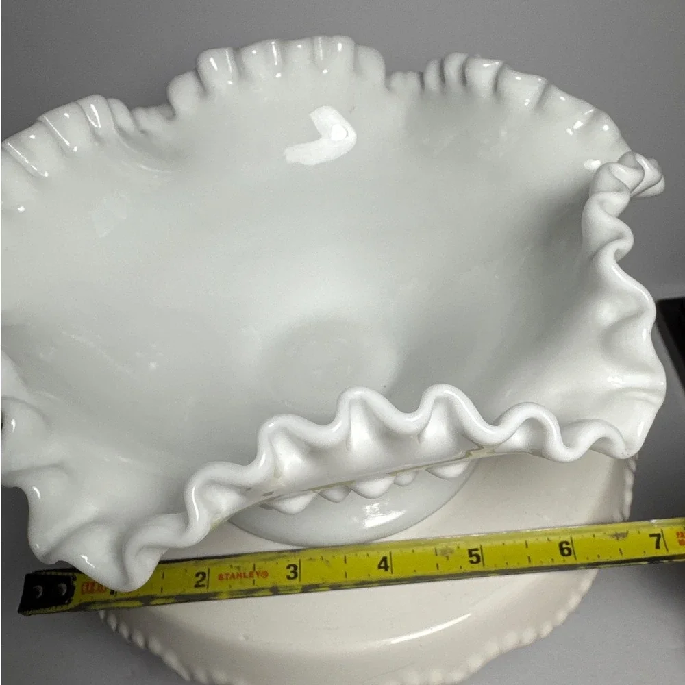 Vintage White Milk Glass Ruffled Pedestal Bowl / Compote – Hobnail Detail